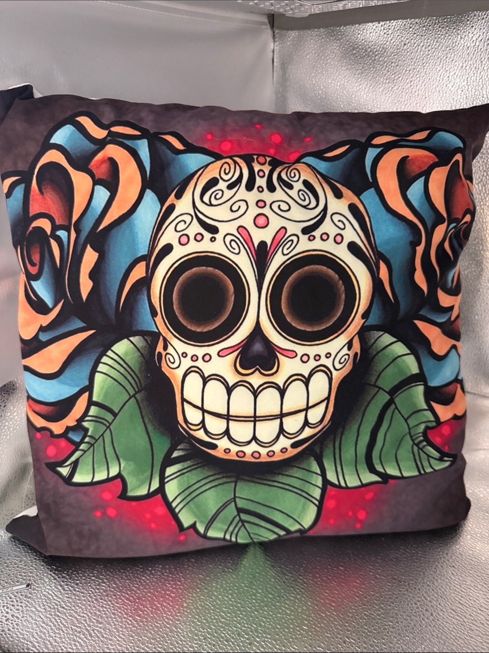 Vibrant cool “Sugar skull and Roses” Throw pillow cover.